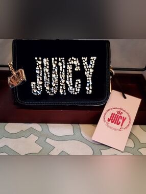 Juicy Couture Black Crystal Logo Wallet  with Crown Charm And Heart Keyring.
